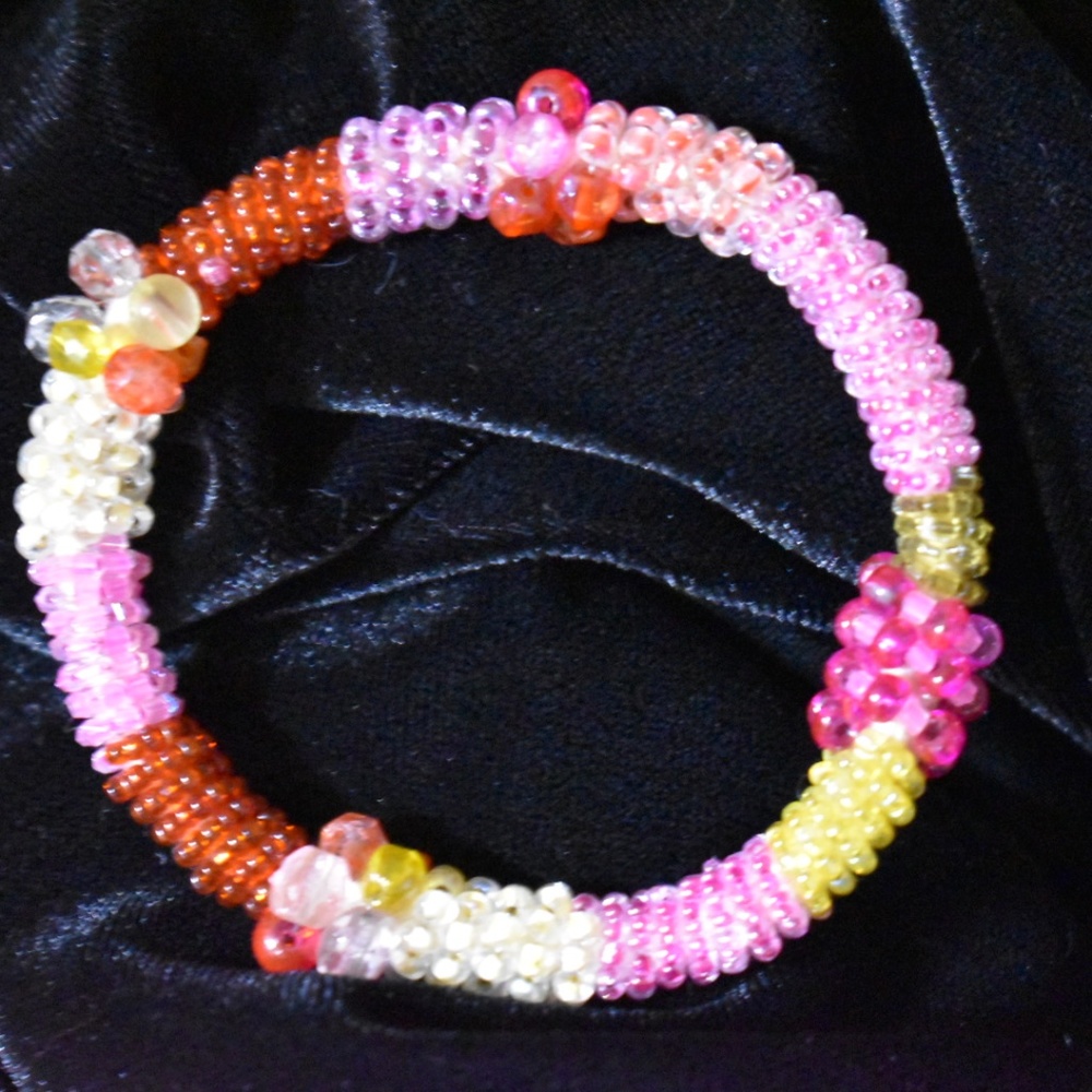 Clear, Pink, Yellow, and Orange Glass Beaded Rope Bracelet